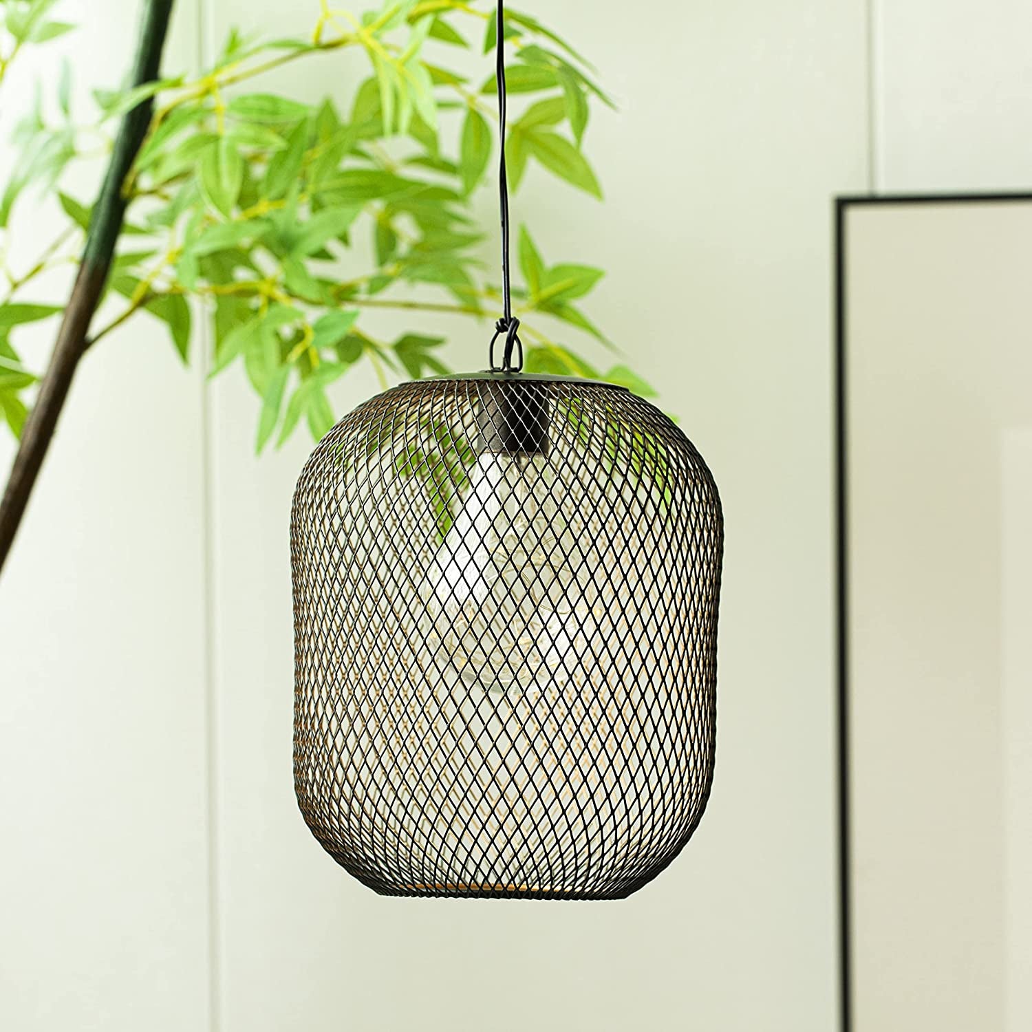 Battery Operated Hanging Lamp 21.5 Cm High Metal Mesh Lanterns with Warm Fairy Lights Bulb for Christmas Home Living Room Garden Patio Parties Events Tabletop Indoors Outdoors (Black)