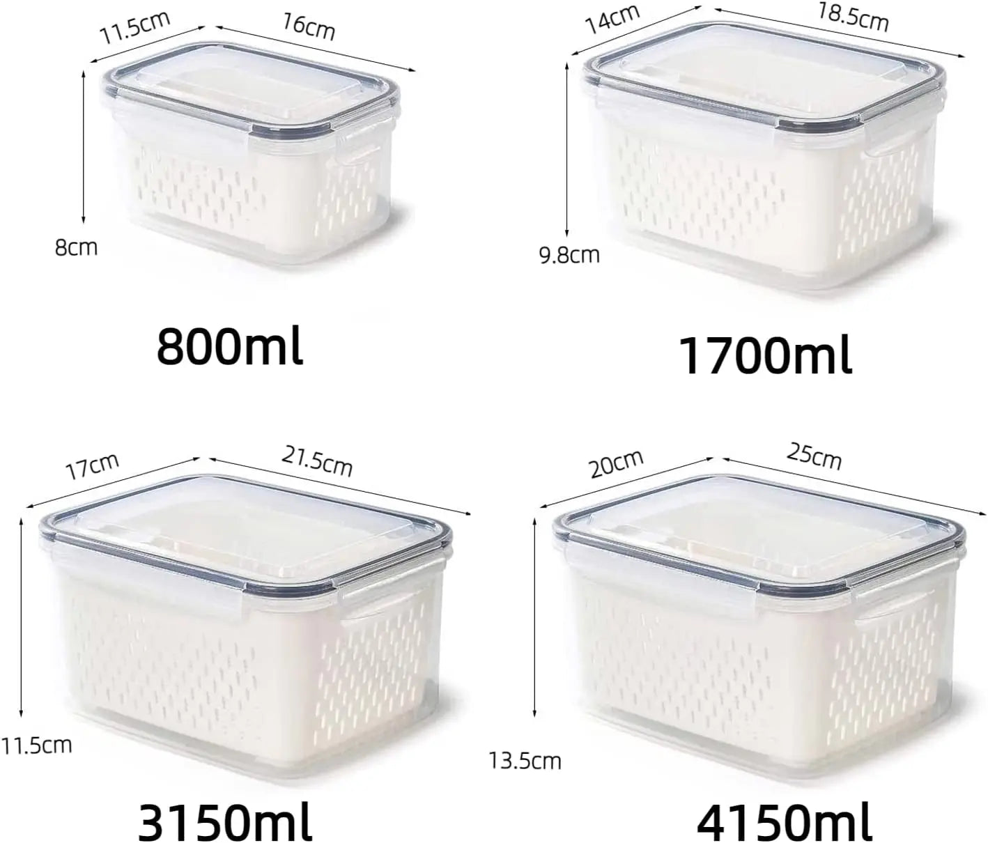 Food Storage Containers with Lids Set of 4,Fridge Organiser Bins,Fridge Storage with Colander,Reusable Food Containers for Fruit & Vegetable Storage,Kitchen Storage & Organisation