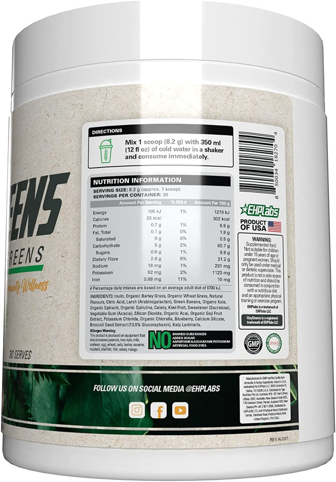 Ehplabs Oxygreens Daily Super Greens Powder - Green Superfood, Spirulina Herbal Supplement with Prebiotic Fibre, Alkalizing Antioxidants & Immunity Wellness, 30 Serves (Pineapple)