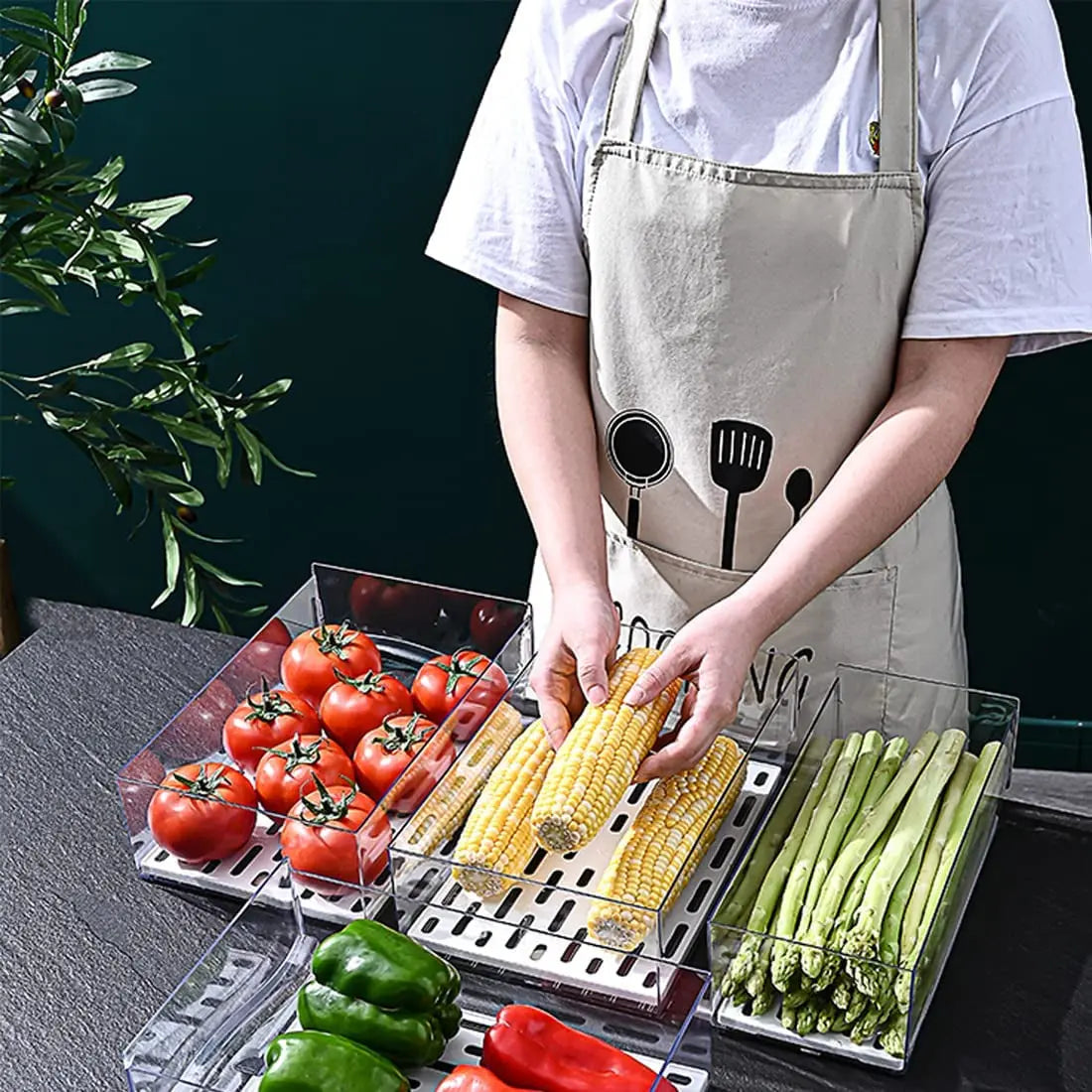 2 Pack Clear Stackable Fridge Drawers,Pull Out Fridge Organiser Bins with Lids、Drain Tray and Drawer,Large Food Container Storage Box for Fruit & Vegetable Storage