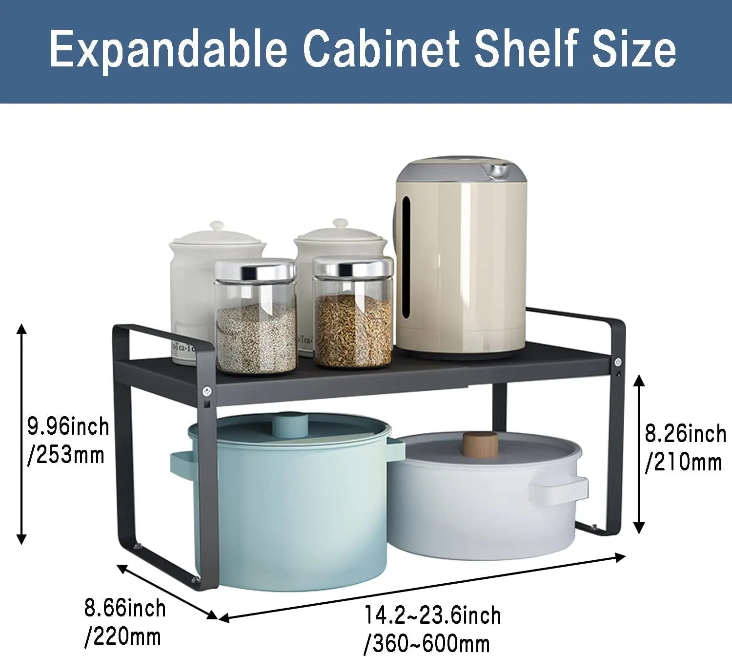 MAGGHEVI Expandable Cabinet Shelf Organizer Storage Rack，Cupboard Stand Spice Rack，Pantry Shelves Space Riser for Kitchen Bathroom，Metal Plate Heavy Duty Nonslip (Black)