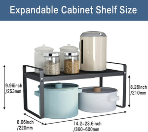 MAGGHEVI Expandable Cabinet Shelf Organizer Storage Rack，Cupboard Stand Spice Rack，Pantry Shelves Space Riser for Kitchen Bathroom，Metal Plate Heavy Duty Nonslip (Black)