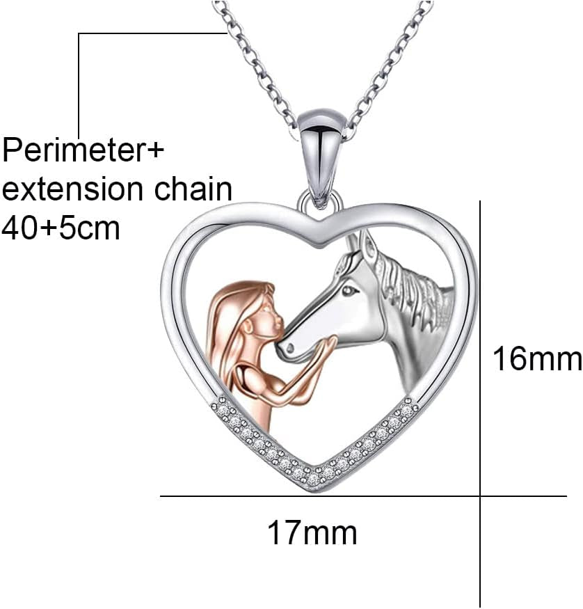 Girl and Horse Pendant Necklace for Women Horse Lover Birthday Christmas Gifts for Daughter Granddaughter Rose Gold Heart Rhinestone Necklaces for Girls