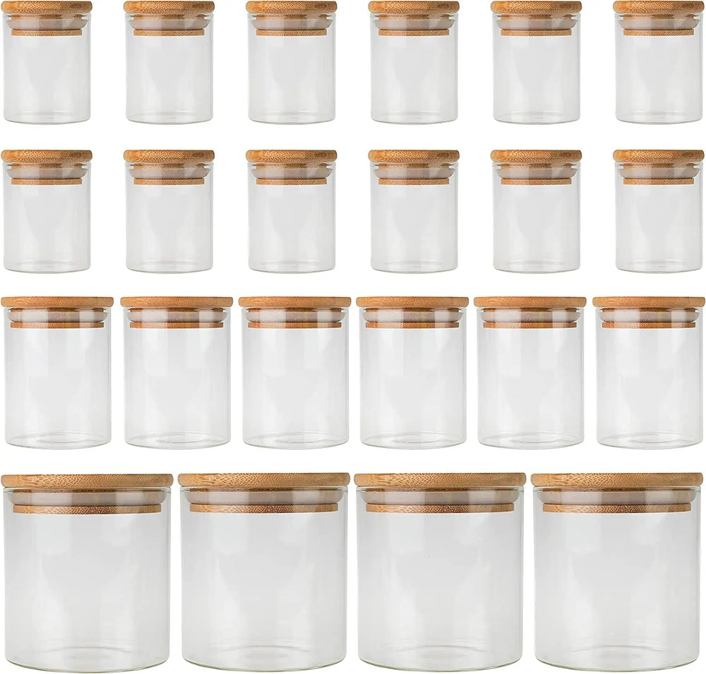 【AU Stock】 Empty 22 Piece Bamboo Spice Jar Starter Pack with Wooden Lids Glass Food Storage Jars with Bamboo Lids | 3 Sizes Included 12 X 75Ml, 6 X 250Ml, 4 X 500Ml