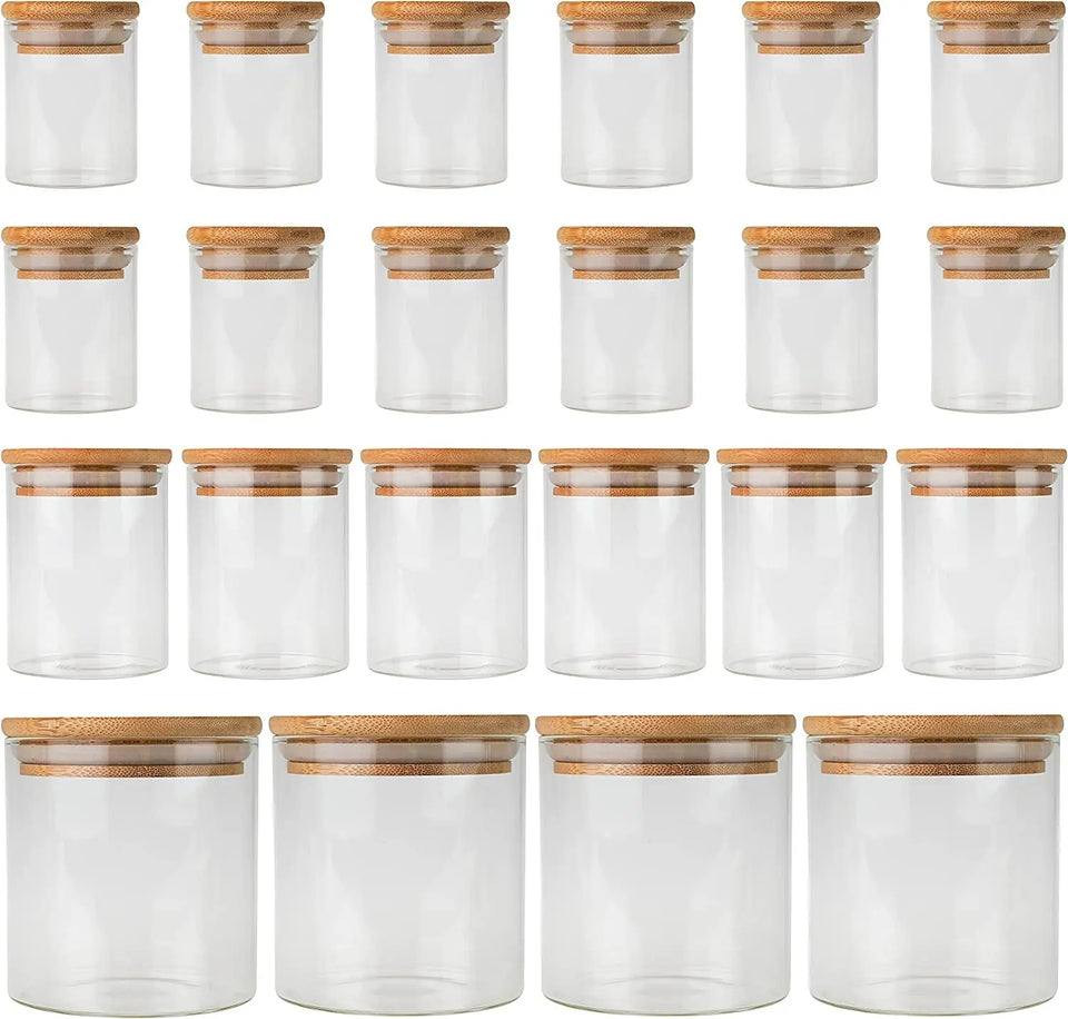 【AU Stock】 Empty 22 Piece Bamboo Spice Jar Starter Pack with Wooden Lids Glass Food Storage Jars with Bamboo Lids | 3 Sizes Included 12 X 75Ml, 6 X 250Ml, 4 X 500Ml