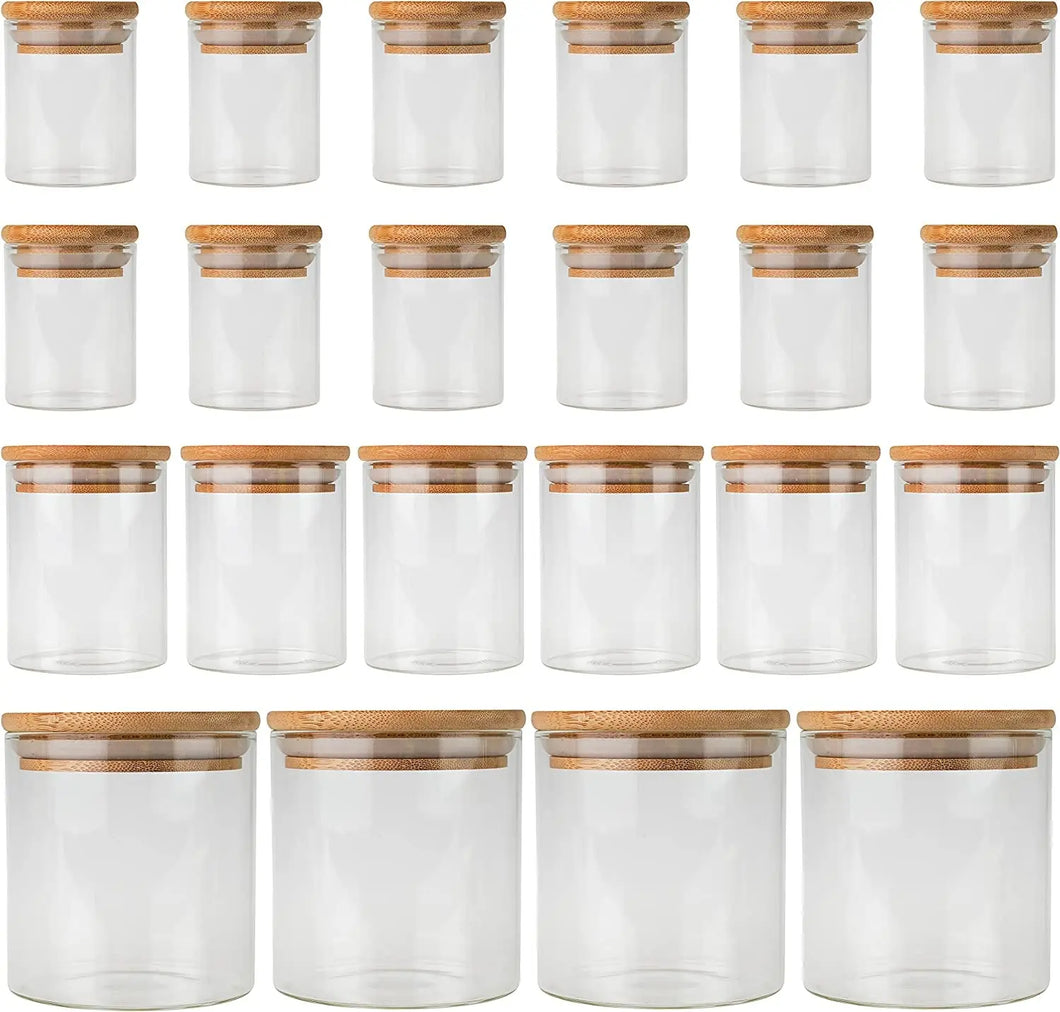 【AU Stock】 Empty 22 Piece Bamboo Spice Jar Starter Pack with Wooden Lids Glass Food Storage Jars with Bamboo Lids | 3 Sizes Included 12 X 75Ml, 6 X 250Ml, 4 X 500Ml