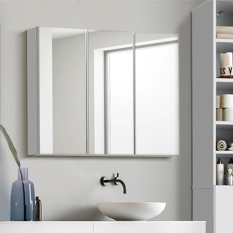 Welba Bathroom Cabinet with Mirror Adjustable Shelves Cupboard Shower Mirror Cabinet Wall Mount Storage Cabinet 90 X 72Cm
