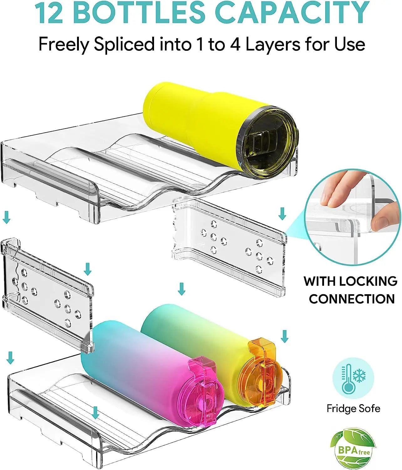 Water Bottle Organiser, Water Bottle Holder Plastic Stackable Water Bottle Storage Rack for Kitchen Cabinets, Countertop, Pantry Storage and Fridge, Free-Standing Tumbler Kitchen Storage Holder for Wine and Drink Bottles (4 Pack)