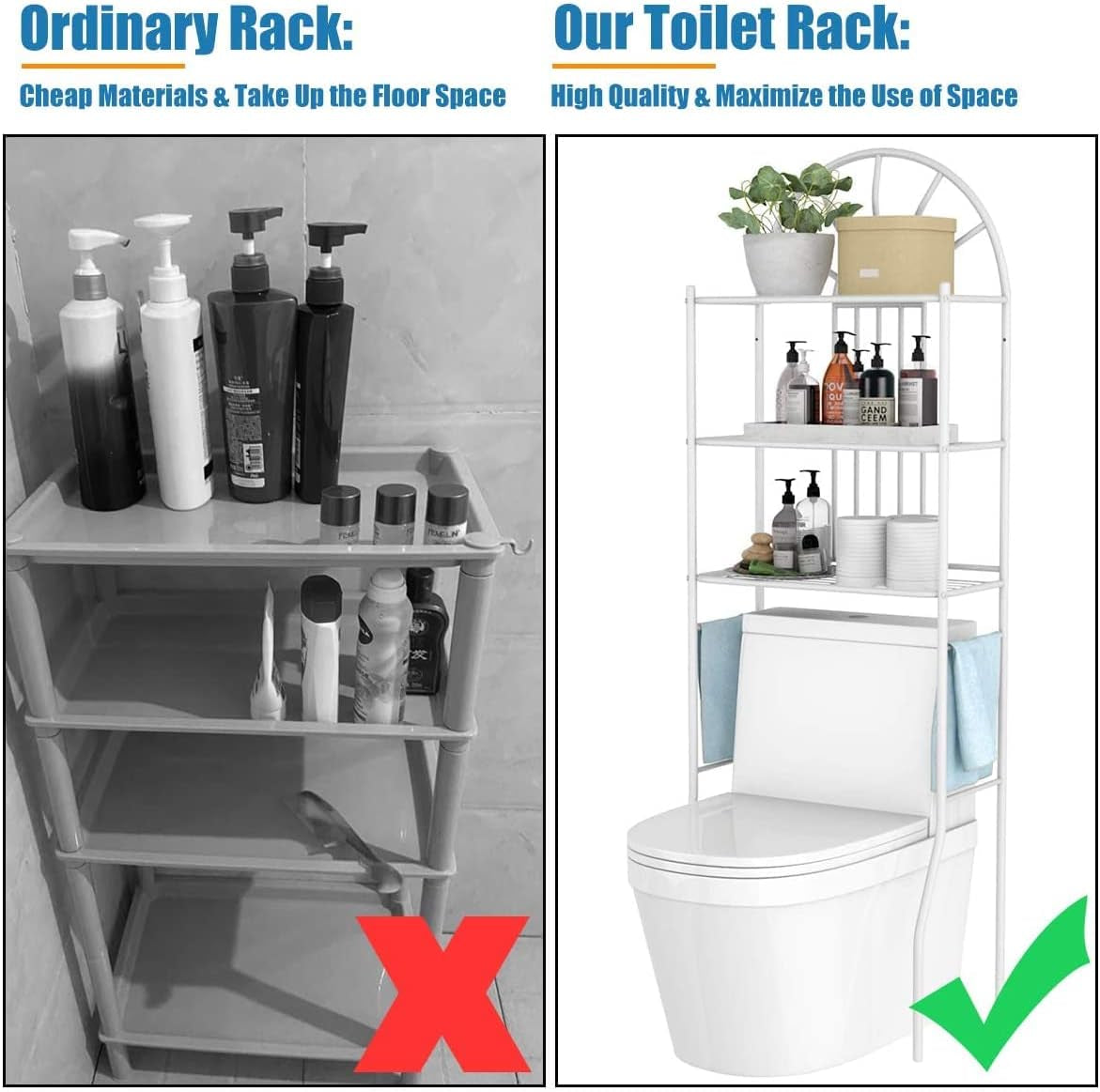 over the Toilet Storage Rack, Freestanding 3-Tier Bathroom Space Saver, Washing Machine Shelf, Bathroom Organizer with Metal Frame Shelf for Home Bathroom Laundry, 59Cm X 33Cmx173Cm (L X W X H), White