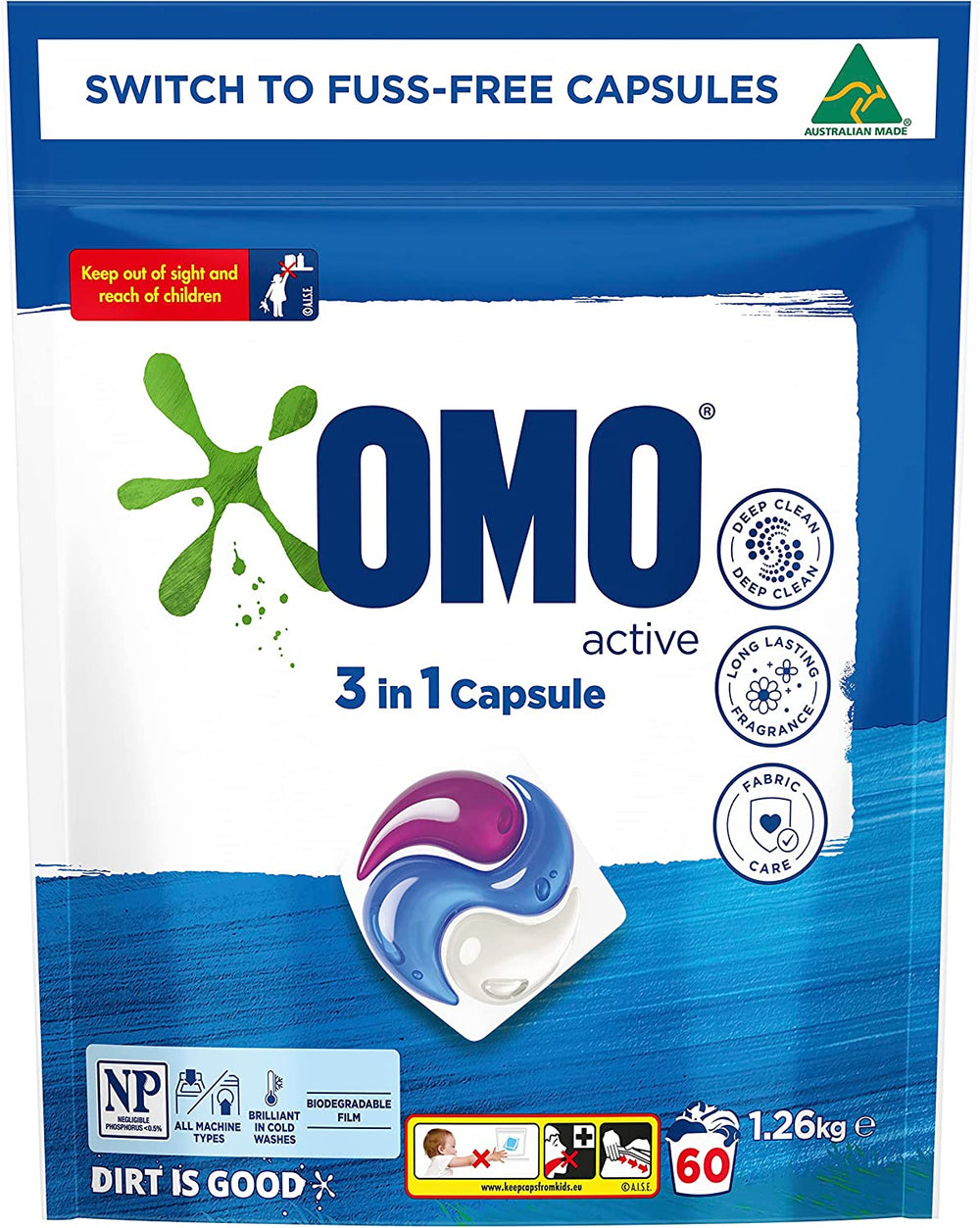 Active Clean 3 in 1 Laundry Detergent Liquid Capsules 60 Washes, 1.26Kg
