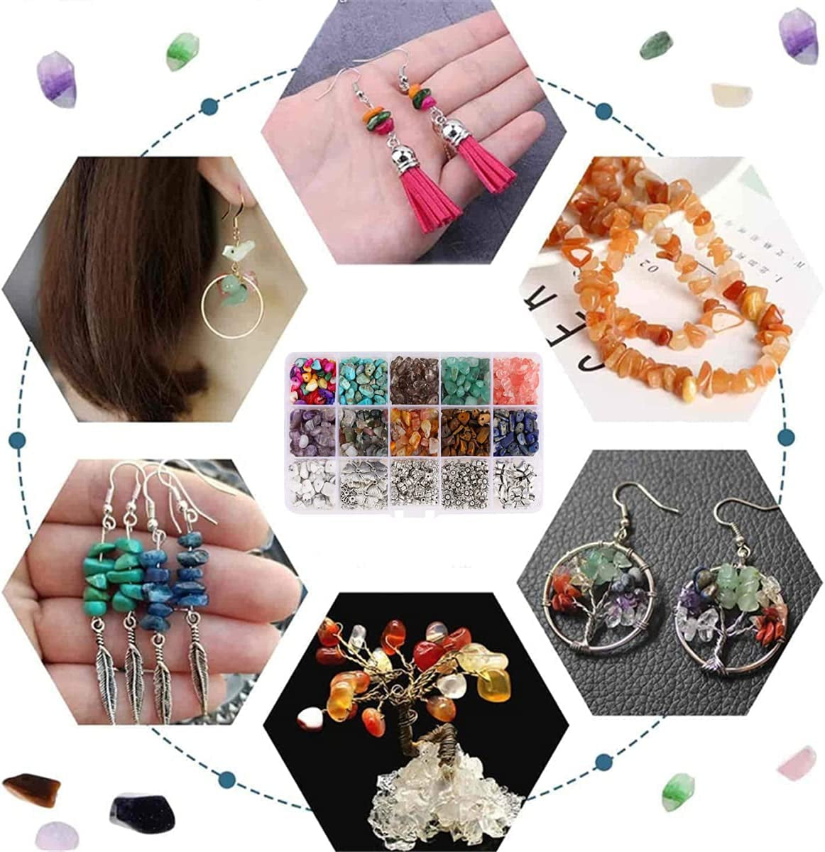 Gemstone Beads Kit 960 Pcs Crystal Jewellery Making Kit 15 Colors Irregular Natural Chips Stone Beads with Earring Hooks, Jump Rings, Pendants Charms for Earring, Necklace, Bracelet and Jewelry Making