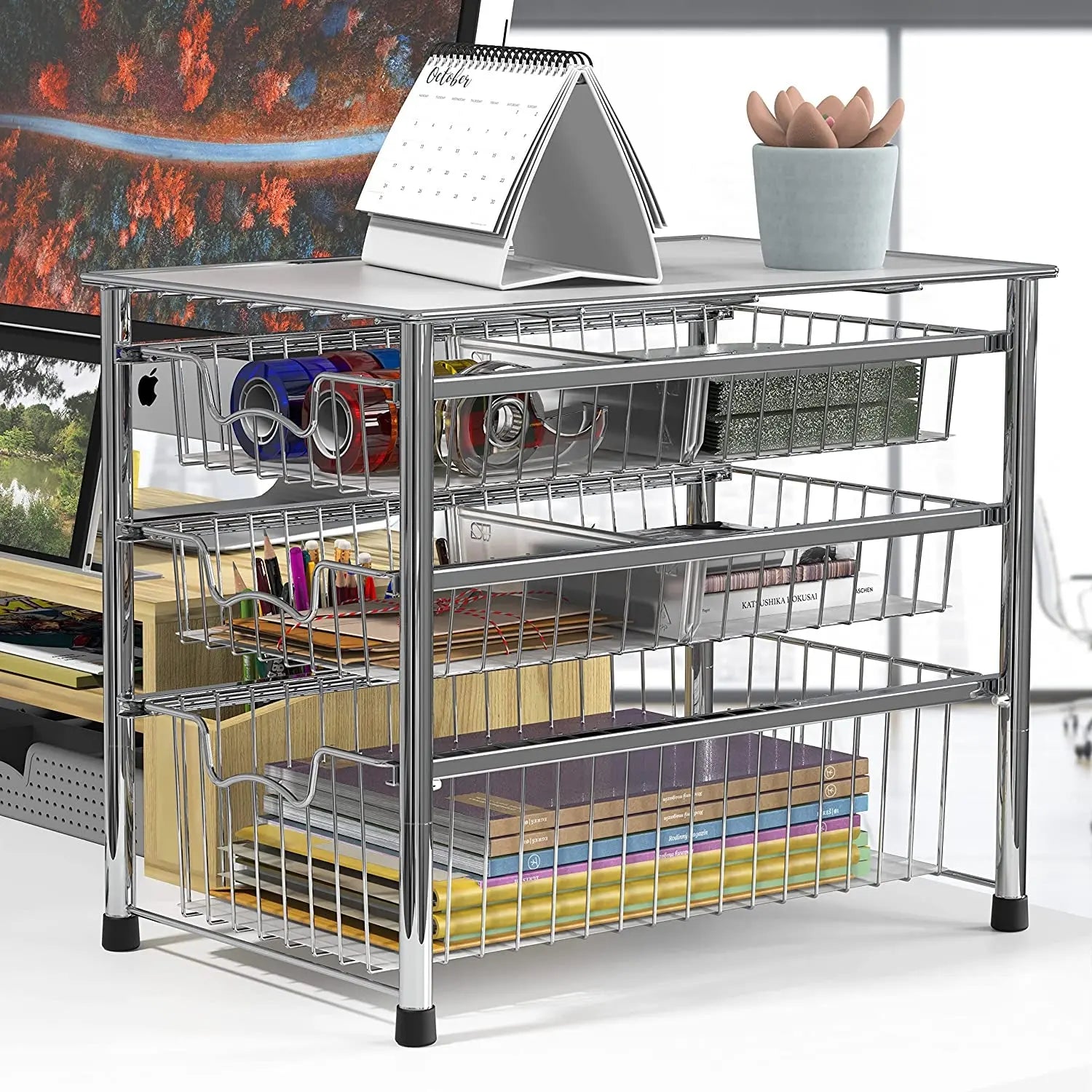Simplehouseware Stackable 3 Tier Sliding Basket Organizer Drawer, Chrome