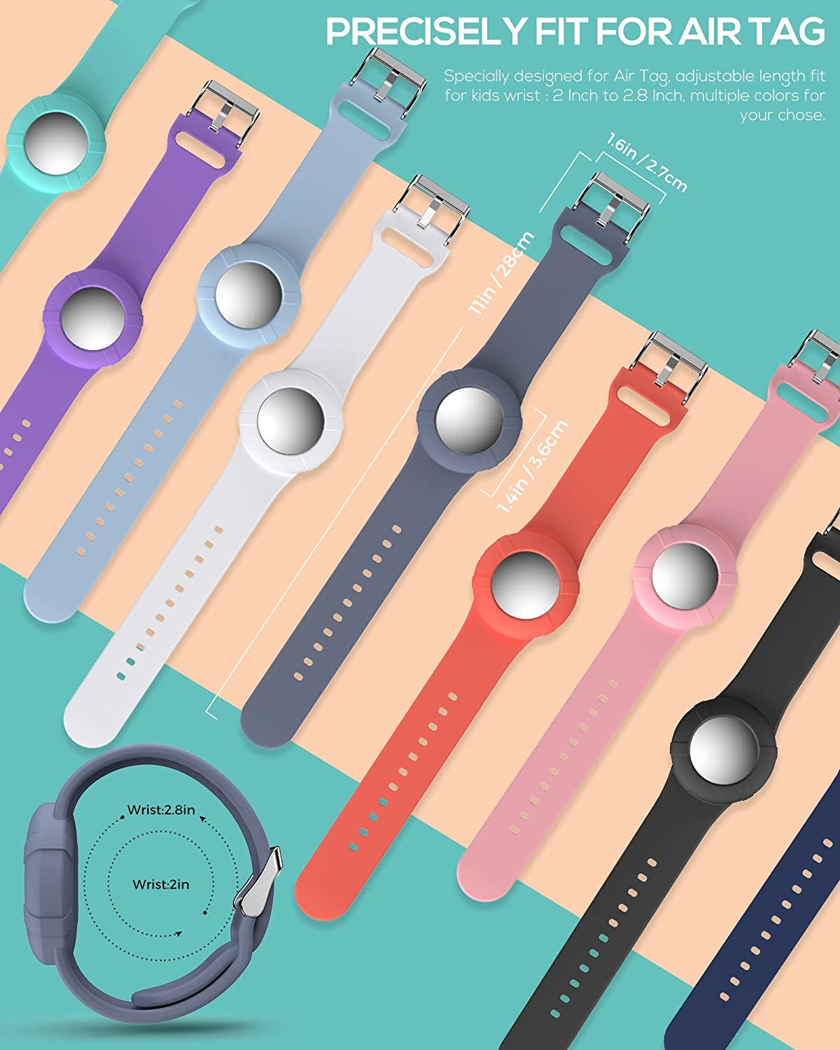 Air Tag Wristband Kids(2 Pack) - Soft Silicone Air Tag Bracelet for Kids - Lightweight GPS Tracker Holder Compatible with Apple Air Tag Childs Watch Band Kids (Black & Navy Blue)