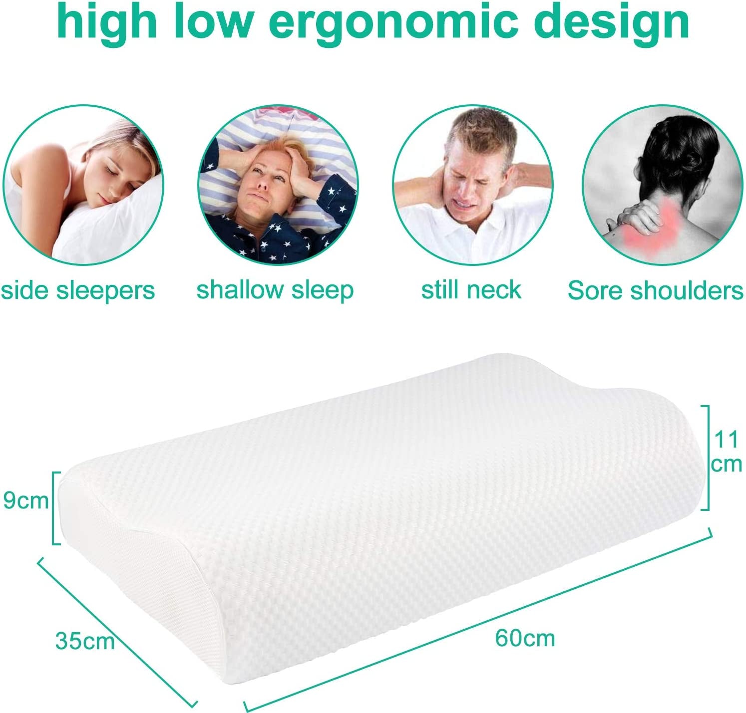 Sleeping Pillow, Memory Foam Bed Pillows Ergonomic Cervical Orthopedic Sleeping Pillow for Adults Kids- Prevents Back Neck Pain-Soft Removable Washable Pillow Cover (White)