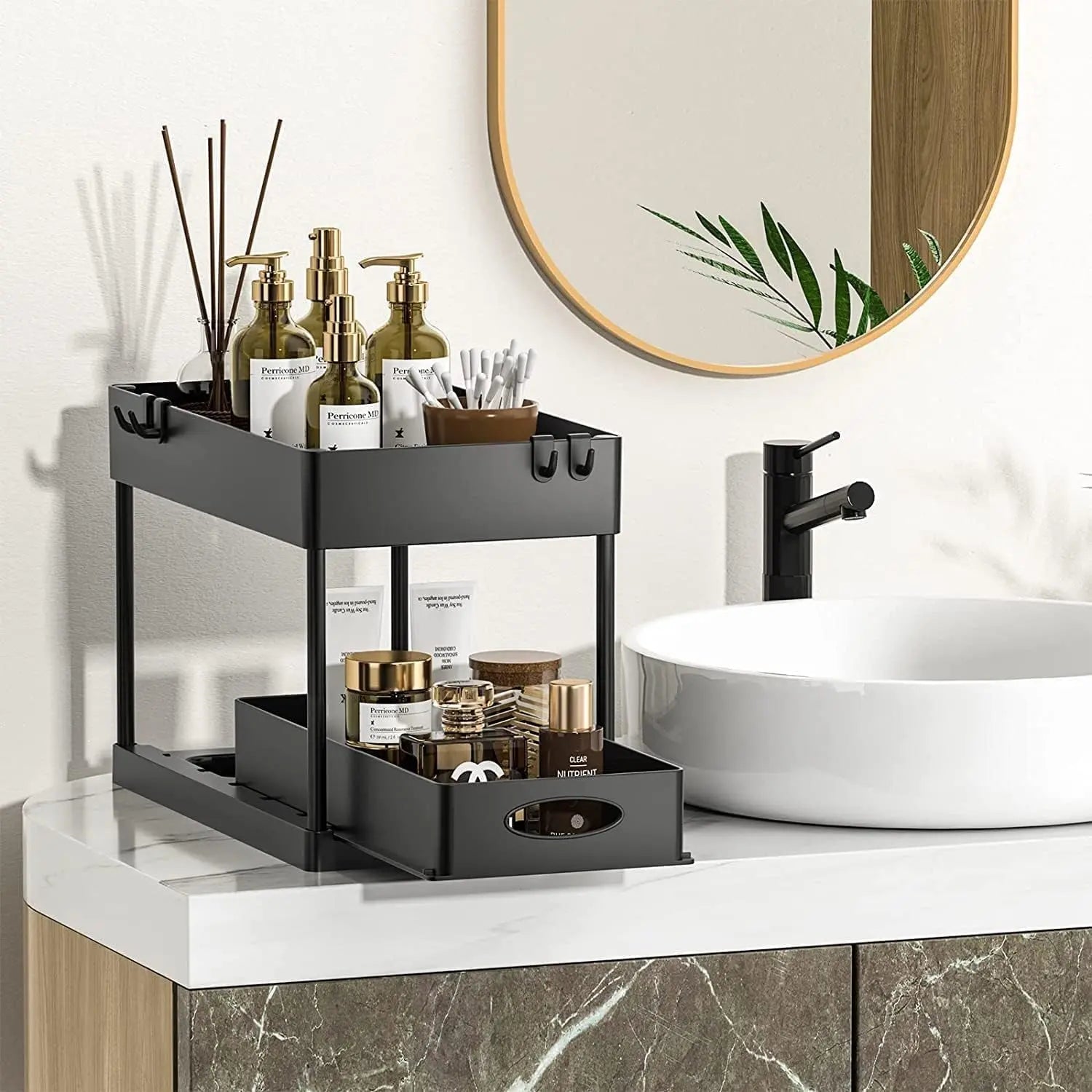 under Sink Organizers and Storage Pull Out Sliding Drawers,2 Tier Under-Sink Organizers with Sliding Drawer with 4 Hooks,Under Sliding Cabinet Basket Organizer Holder for Bathroom Kitchen