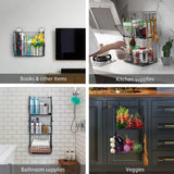 Fruit Vegetable Storage Basket for Kitchen, 3 Tier Stackable Wall Mount & Countertop & Hanging Metal Wire Baskets Organiser with Hooks, Kitchen Produce Tiered Counter Organizer Bin Rack(Black)
