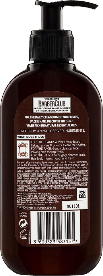 L'Oréal Paris 3-In-1 Beard, Face and Hair Cleansing Wash for Men, Enriched with Essential Oils, Men Expert Barber Club, 200Ml