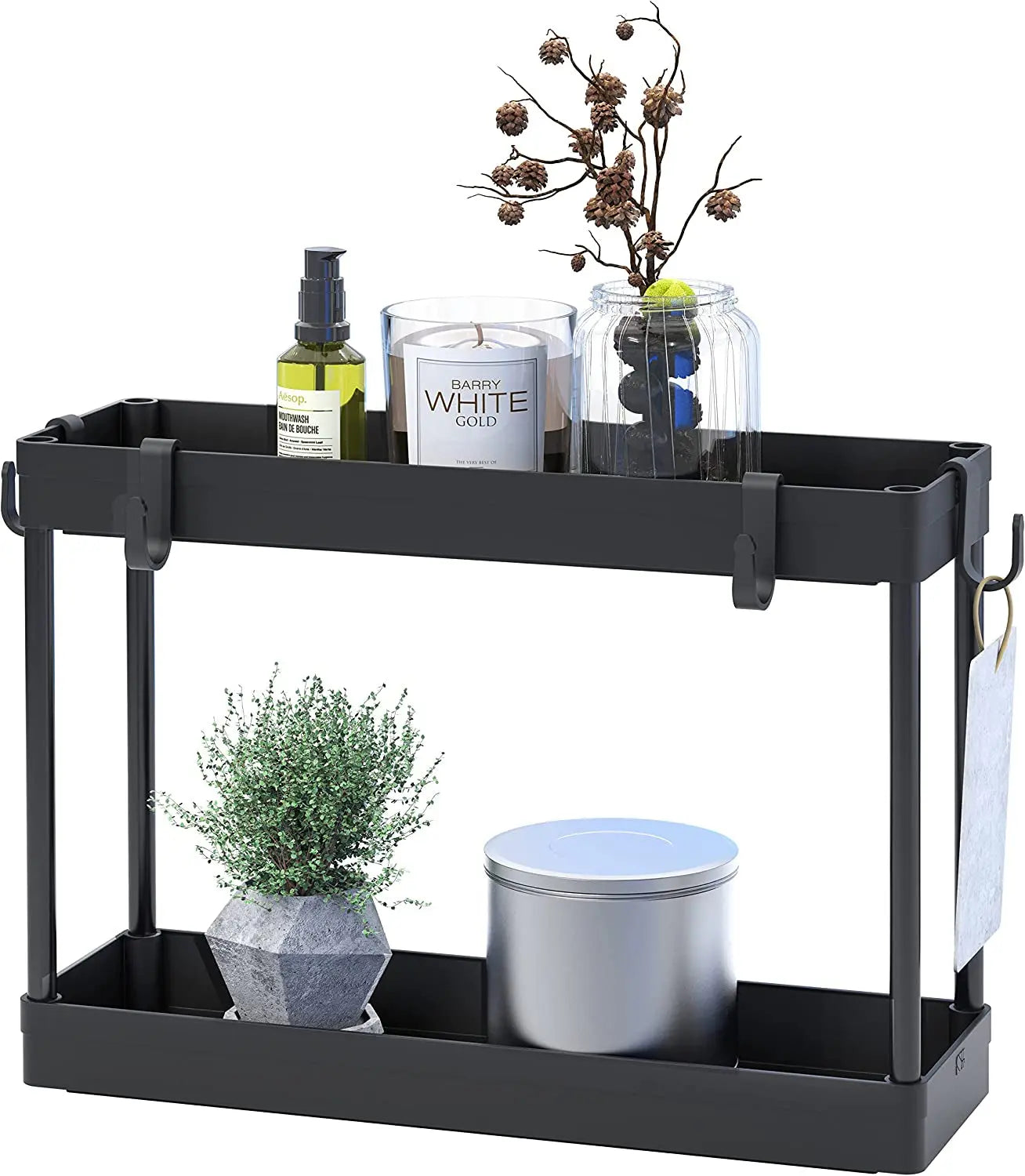 Simplehouseware 2-Tier under Sink Organizer Storage Tray with Hooks, Black