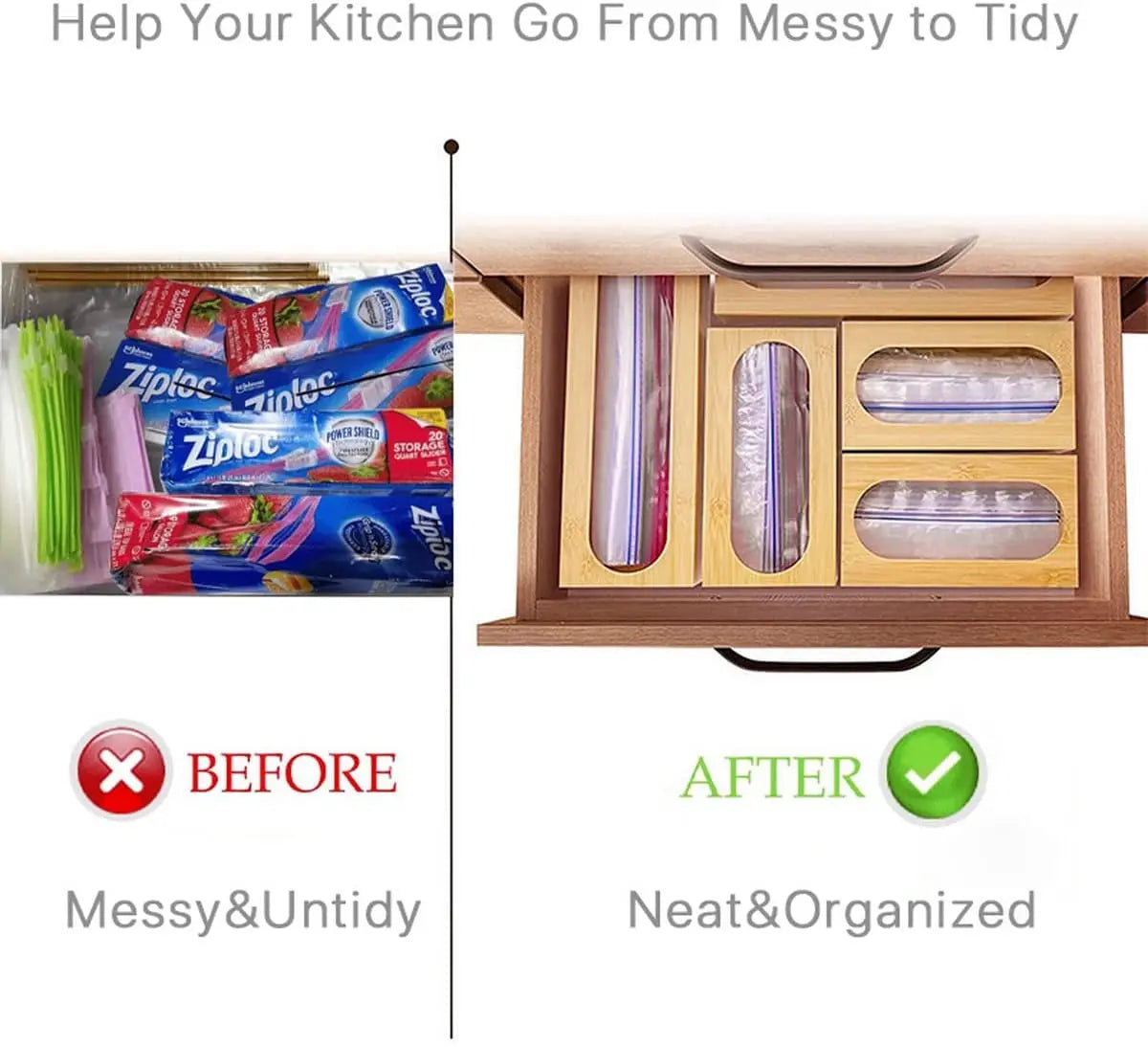 5 Pack Bamboo Storage Bag Organizer Food Storage Bag Organizer Holders Kitchen Drawer Dispenser Compatible with Gallon, Quart, Sandwich, Snack, Candy Variety Size Bags