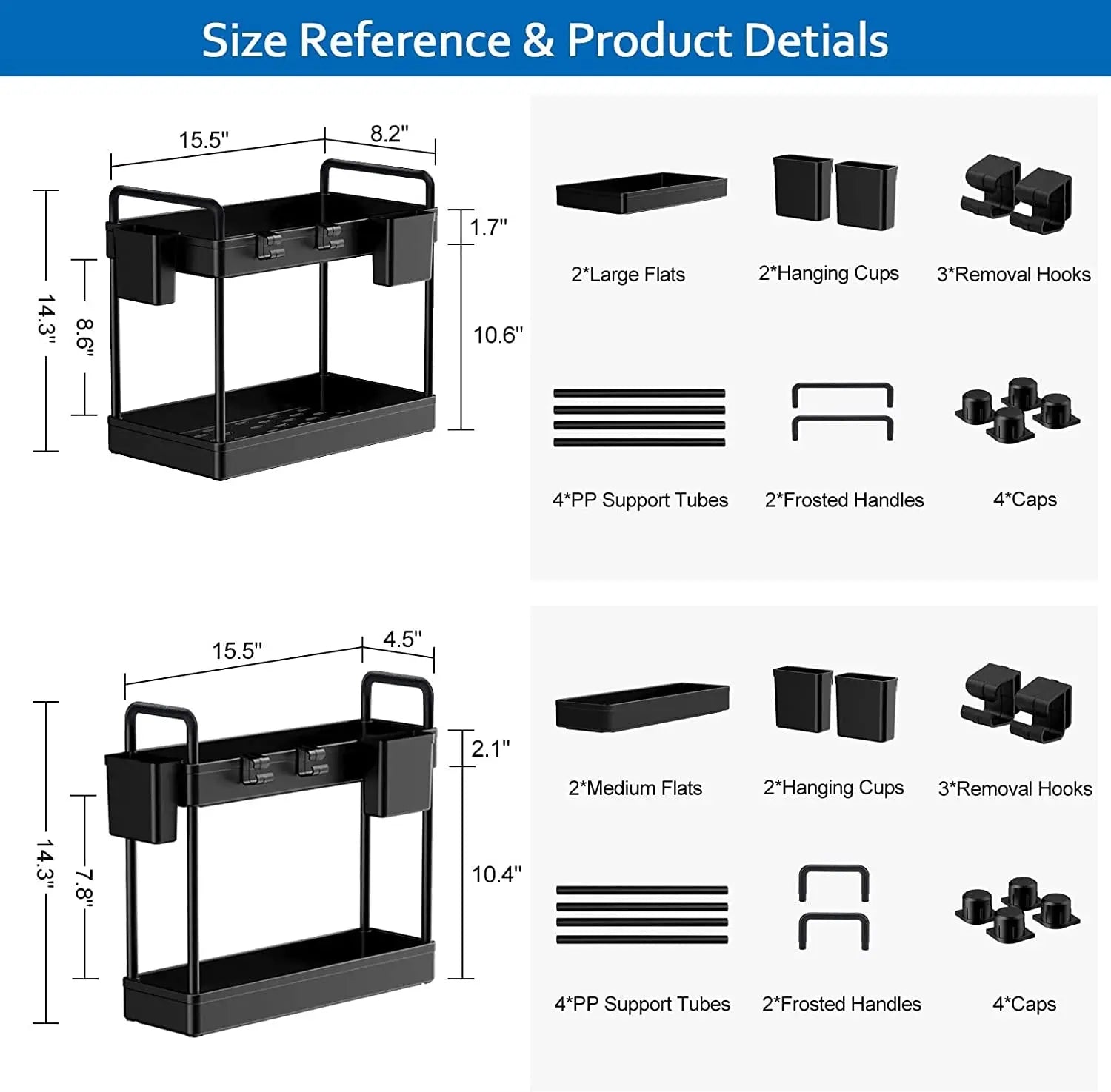 2 Pack under Sink Organizers and Storage, 2 Tier Kitchen Cabinet Organizer with Cups and Hooks, Desktop Kitchen Organization, Black Multi-Purpose Bathroom under Sink Shelf Organizer Basket