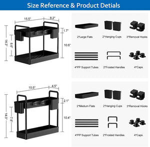 2 Pack under Sink Organizers and Storage, 2 Tier Kitchen Cabinet Organizer with Cups and Hooks, Desktop Kitchen Organization, Black Multi-Purpose Bathroom under Sink Shelf Organizer Basket