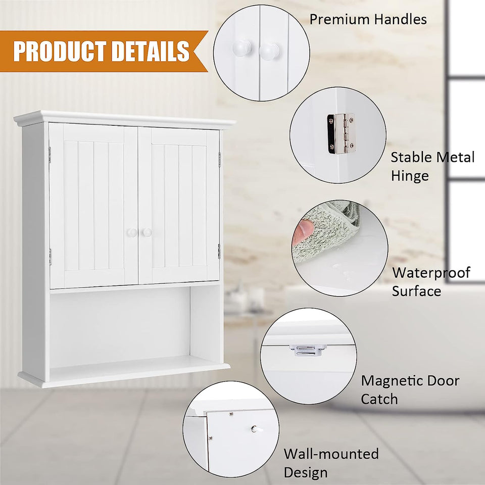 Bathroom Wall Cabinet, 2-Door Wall Mount Cabinet W/Hanging Design, Wooden Medicine Cabinet W/Adjustable Built-In Shelf, Kitchen/Laundry Storage Cupboard with Ample Storage Space (Gray/White)