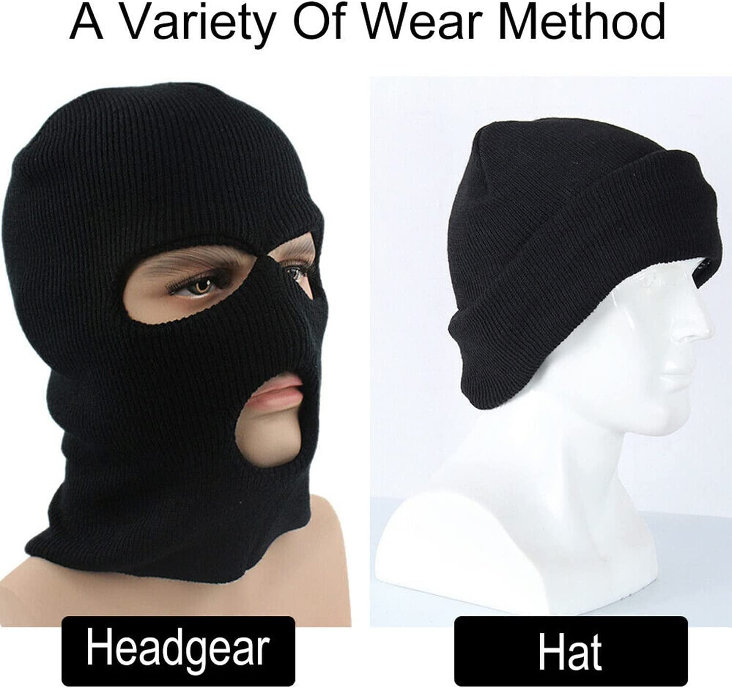 3 Holes Black Balaclava Style Windproof Mask Neck Warmer Ski Hat Fishing 3 Hole Beanie Face Mask Ski-Warm Knit-Men and Women Black