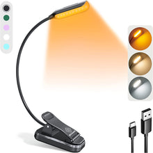 Load image into Gallery viewer, Lightweight Rechargeable 10 LED Amber Book Light for Reading in Bed, Eye-Care Clip-On Reading Light up to 80 Hours, 3 Brightness X 3 Color Modes, Perfect for Bookworms, Kids &amp; Travel
