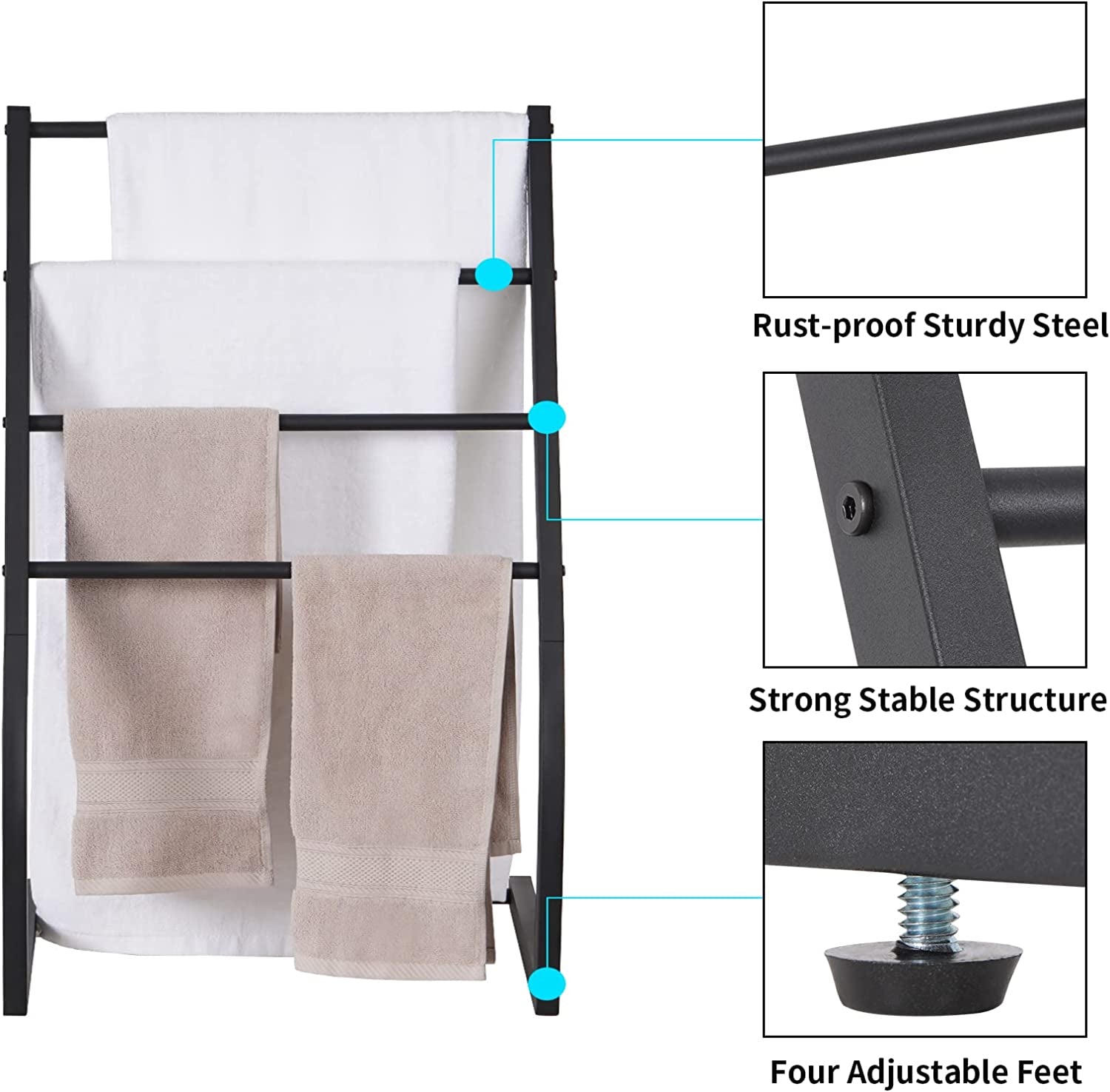 Towel Racks for Bathroom, Free Standing Towel Rack, 4 Tier Metal Towel Bar Stand for Bathroom, Blanket Ladder Holder, Drying and Display Rack for Oversized Bath Towel, Pool Towel Racks Outdoor
