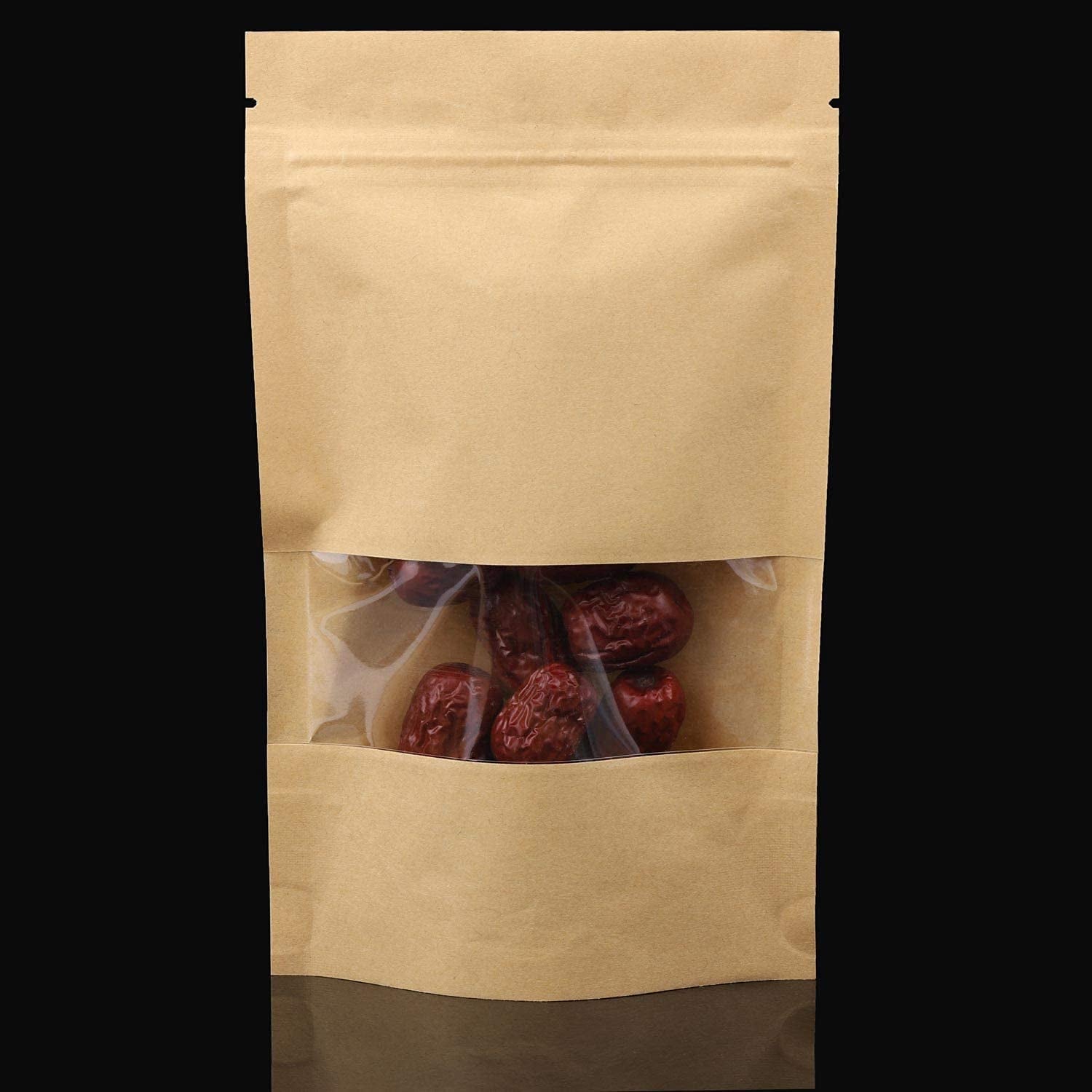 100 Pcs 12X20Cm Kraft Paper Treat Bags with Window, Ziplock Stand up Pouches for Packing Food Cookies Snacks