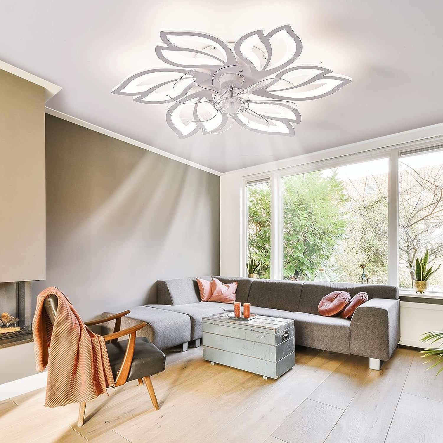 Modern Ceiling Light Whit Fan, Low Profile Ceiling Fans with Lights and Remote/App,Flush Mount Ceiling Light Fan,6 Wind Speed,3 Color Light,Ceiling Fan Light for Bedroom/Office (65Cm-White)