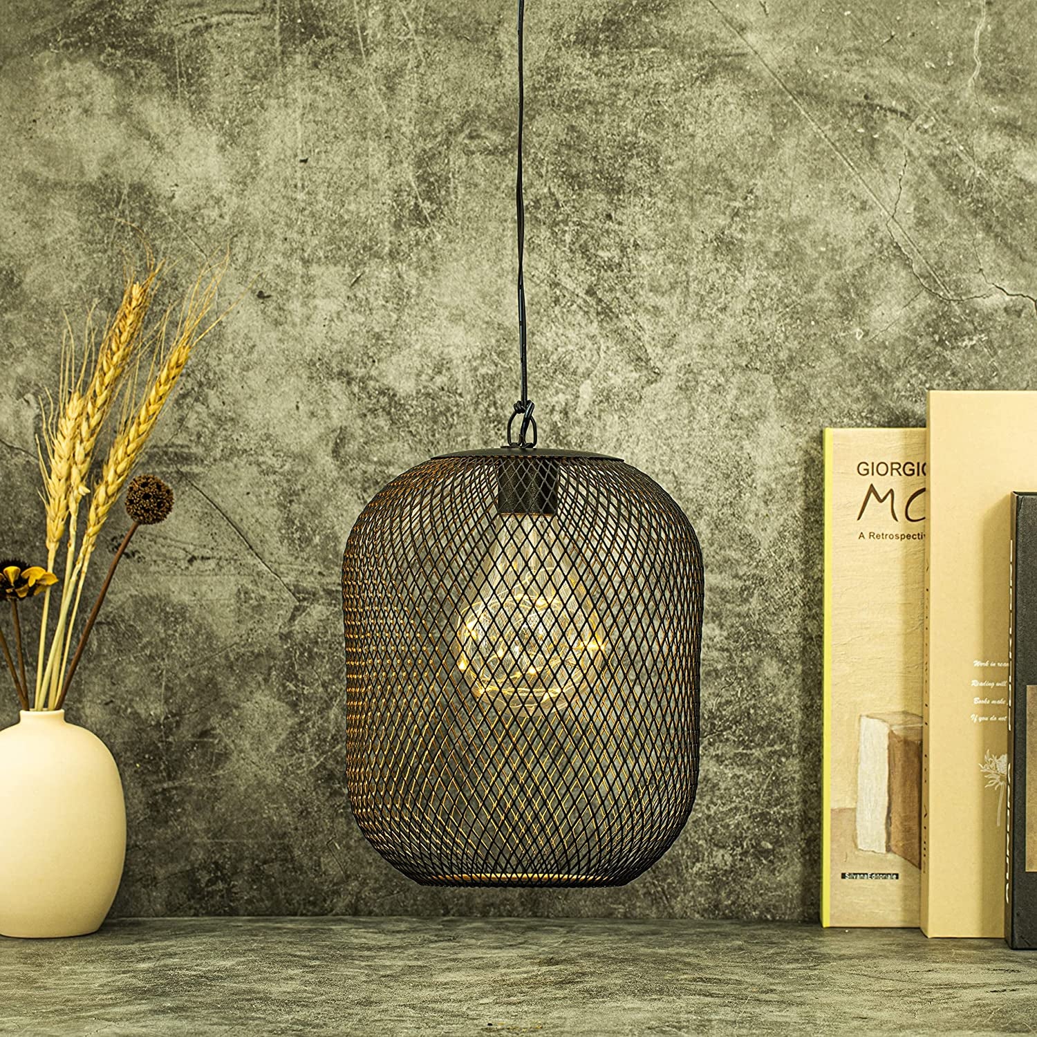 Battery Operated Hanging Lamp 21.5 Cm High Metal Mesh Lanterns with Warm Fairy Lights Bulb for Christmas Home Living Room Garden Patio Parties Events Tabletop Indoors Outdoors (Black)