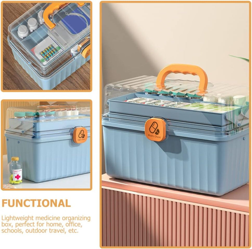 Portable First Aid Kit Medicine Box Organizer Storage Fold 3- Layer Large Medicine Cabinet Household Medicine Storage Box for Home School Clear Organizer Box