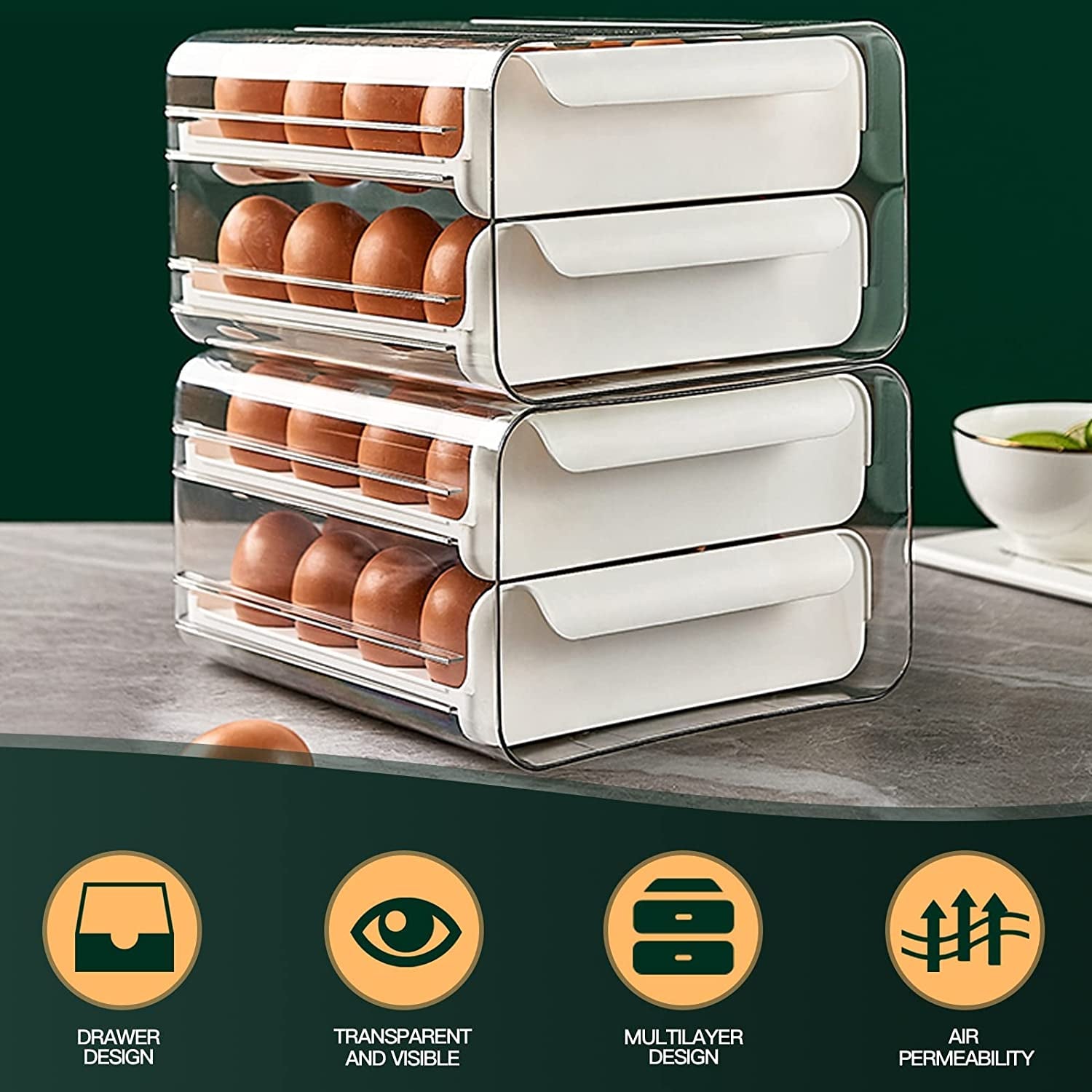 Egg Container for Refrigerator, Double-Layer 32 Grid Egg Holder Egg Tray, Refrigerator Egg Storage Tray Egg Holder Container Drawer, Stackable Clear Egg Organizer Storage Box (White)