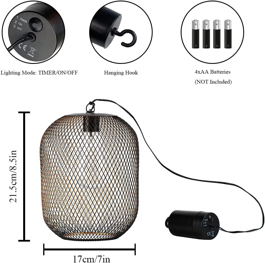 Battery Operated Hanging Lamp 21.5 Cm High Metal Mesh Lanterns with Warm Fairy Lights Bulb for Christmas Home Living Room Garden Patio Parties Events Tabletop Indoors Outdoors (Black)