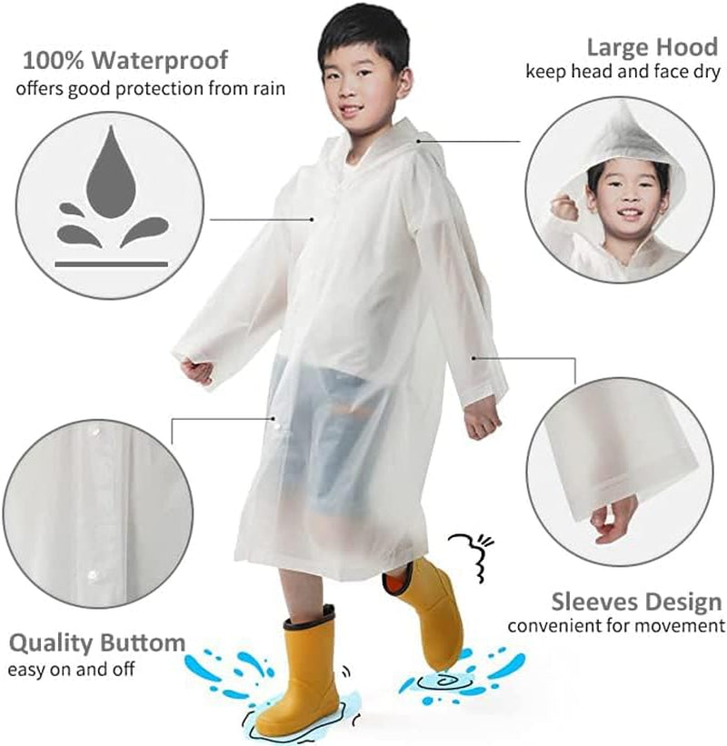 Raincoats for Kids, EVA Rain Poncho Jacket Reusable Raincoats 2 Pack for Kids, Rain Coats with Hood for Daily Use Travel Hiking Theme Park Camping