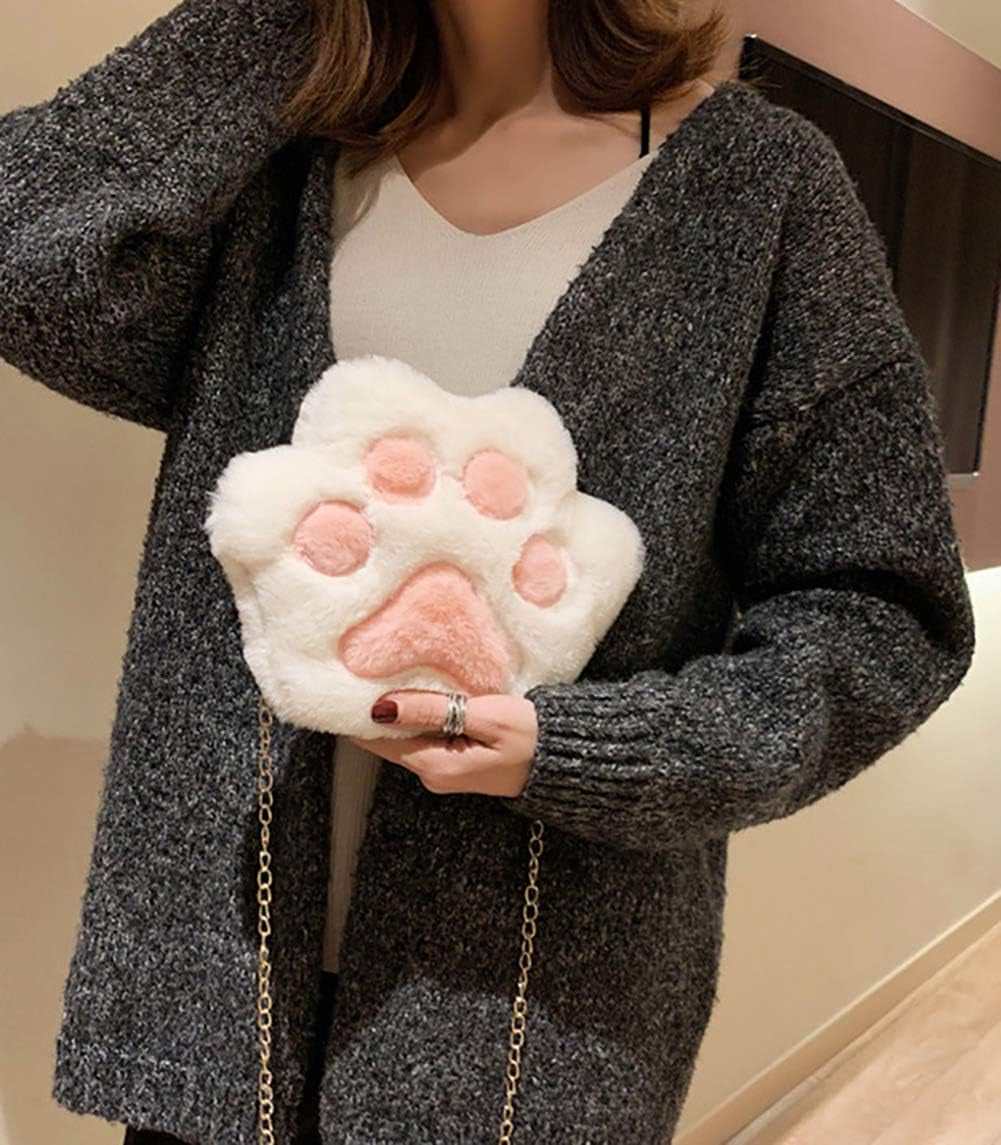 Cute Cat Paw Shape Shoulder Bag Purse Fluffy Plush Crossbody Handbag Clutch with Chain Strap for Women Girls