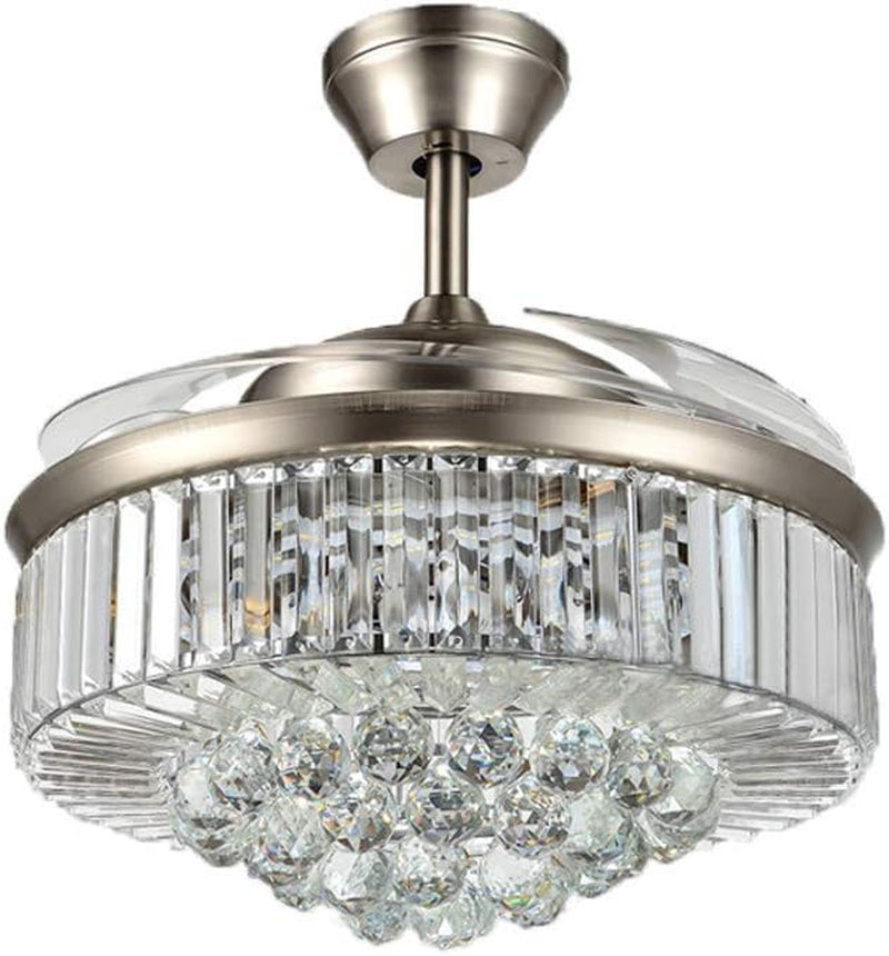 Reversible Retractable Ceiling Fans with LED Light and Remote, 42 Inch Invisible Ceiling Fan Chandelier with 4 Clear ABS Blades, Bedroom Fandelier Indoor Crystal Ceiling Light Kits with Fans (Chrome)