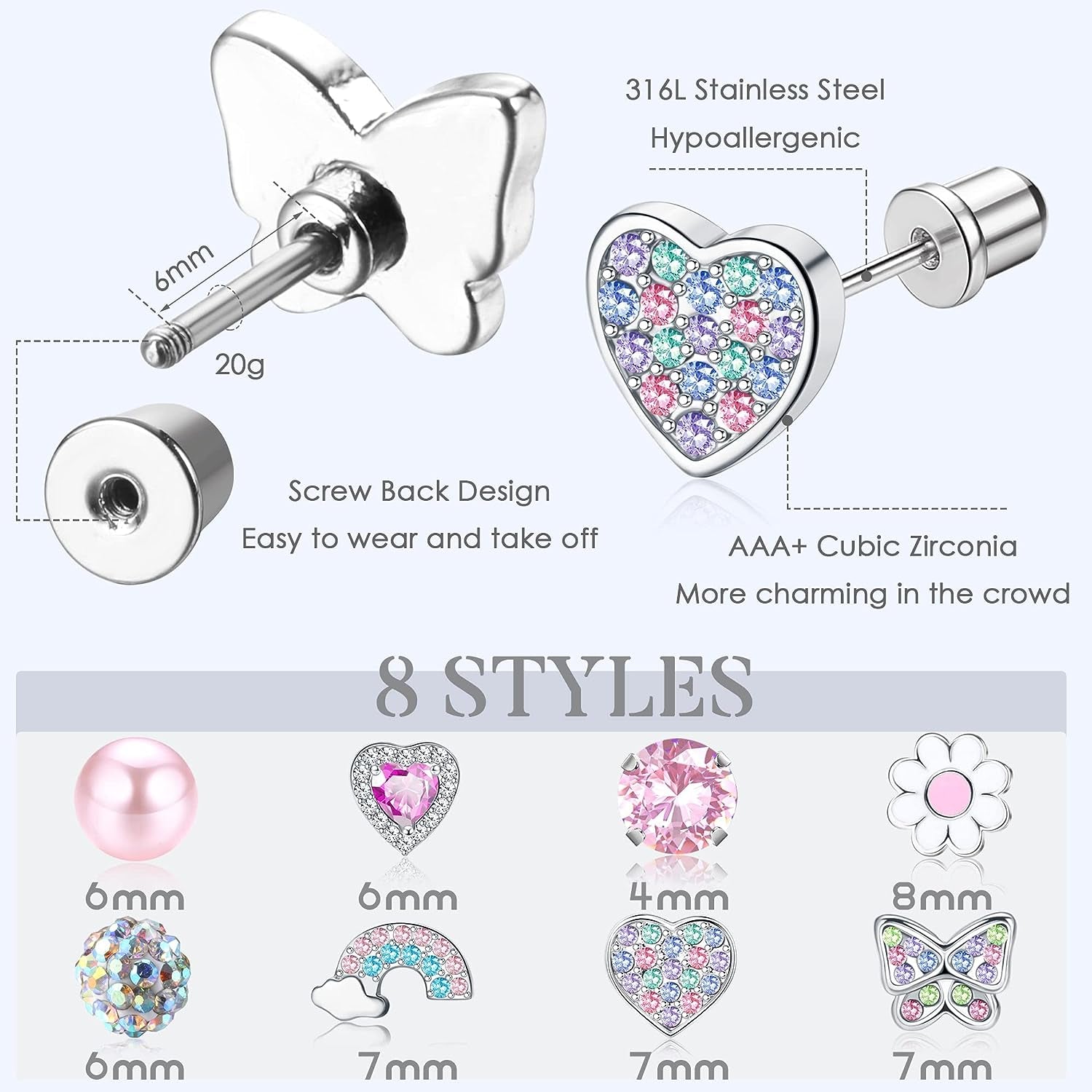 8 Pairs Stud Earrings for Women Girls Stainless Steel Hypoallergenic Earrings Multicolored CZ Screw Back Girls Earrings Rainbow Butterfly Flower Stud Earrings Set Girls Earrings for Kids