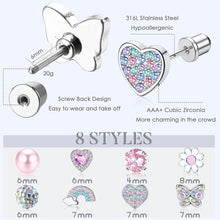 Load image into Gallery viewer, 8 Pairs Stud Earrings for Women Girls Stainless Steel Hypoallergenic Earrings Multicolored CZ Screw Back Girls Earrings Rainbow Butterfly Flower Stud Earrings Set Girls Earrings for Kids
