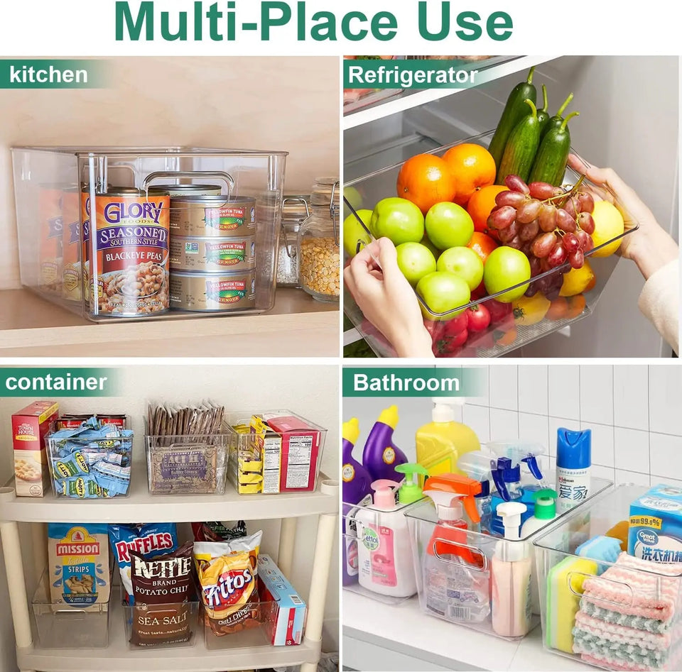 Clear Plastic Storage Bins, 4 Pack Perfect Pantry Organizers and Storage Containers Refrigerator Organizer Bins with Handles Kitchen Cabinet Freezer Closet Bathroom Storage Organization
