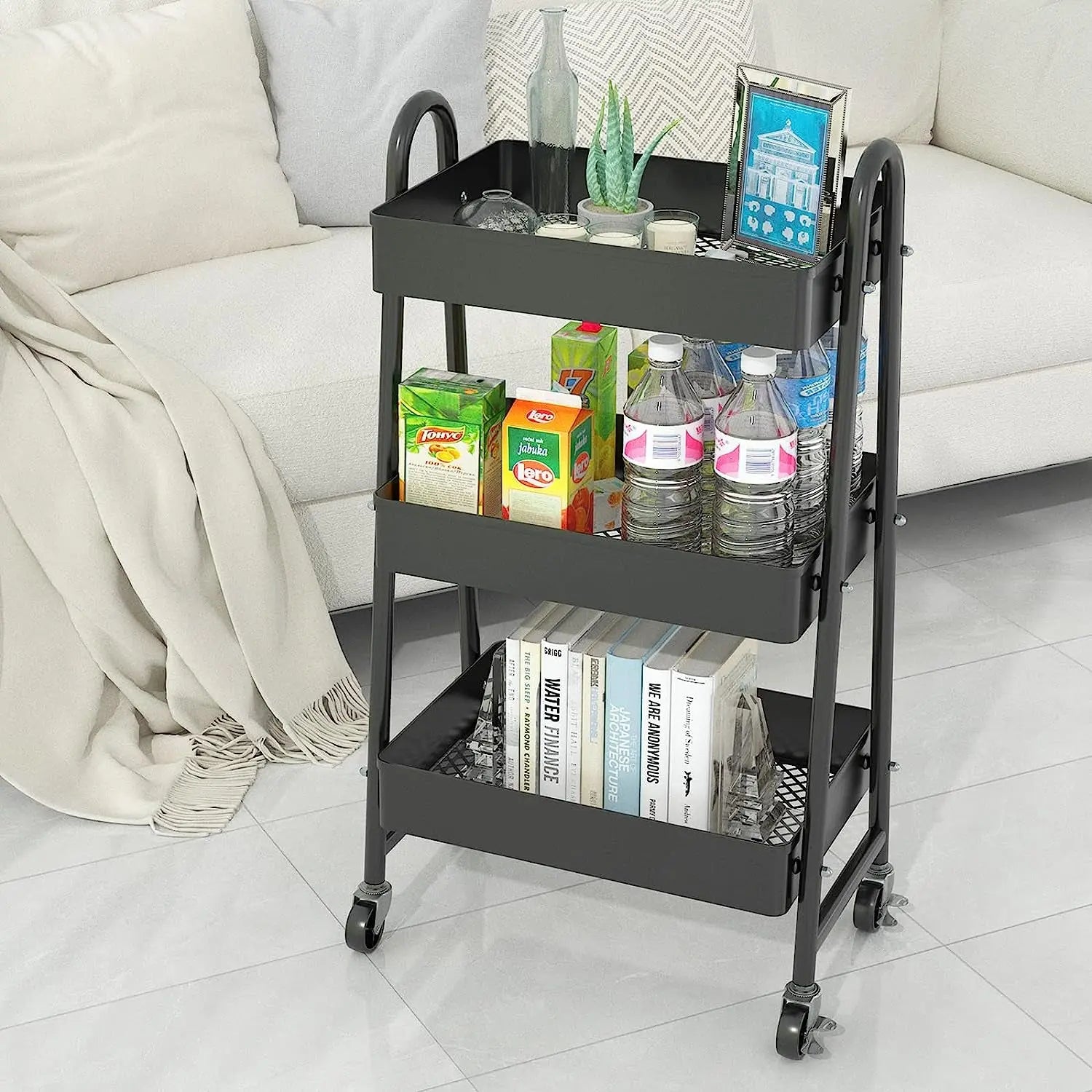 3 Tier Utility Rolling Cart, Heavy-Duty Mesh Storage Cart with Locking Wheels, Metal Mobile Trolley Cart for Home, Kitchen, Bathroom, Office, Black