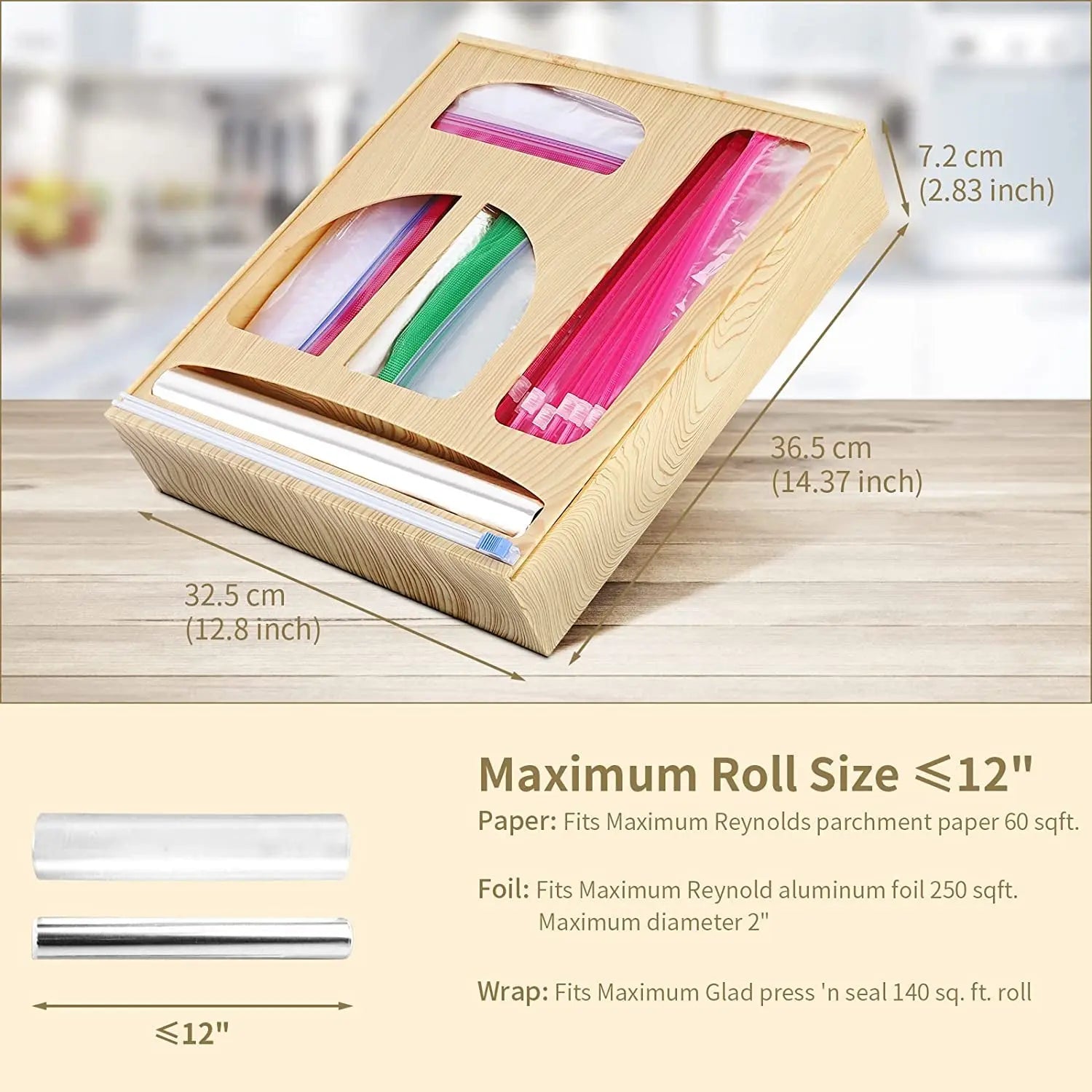 Ziplock Bag Storage Organizer, Foil and Plastic Wrap Dispenser with Cutter, Plastic Bag Organizer, Ziplock Bag Organizer for Gallon, Quart, Sandwich & Snack Etc.