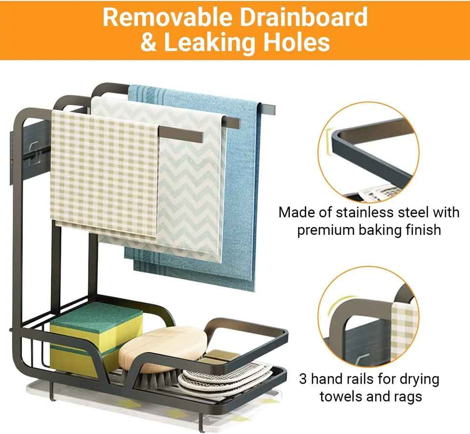 Kitchen Sink Caddy Organiser with Removal Drainage Tray, Metal Countertop Sponge & Soap Holder, Dishcloth Towel Hanger- Free Standing or Wall-Mounted (Black)