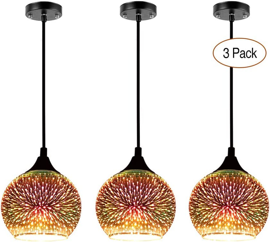 a Set of 3 Modern Glass Pendant Lights,Colourfull 3D Firework Lamp,Suitable for Island Living Room,Kitchen,Dining Room Etc