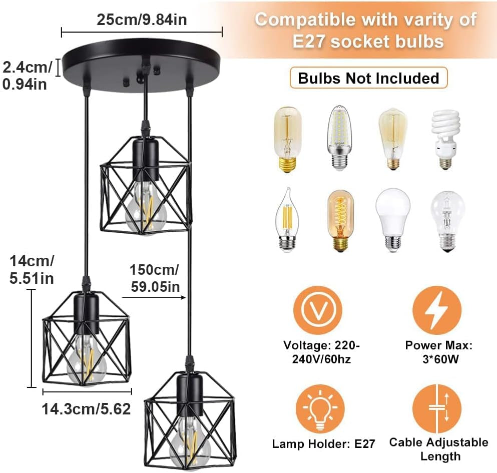 Vintage Pendant Light, 3-Light Adjustable Hanging Pendant Lights Fixture with Cage Shade, Industrial Design Pendant Lamp for Kitchen/Dining Room/Hallway, E27 Base Black