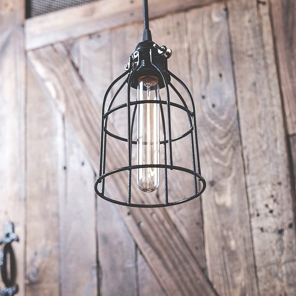 Cylinder Metal Wire Hanging Pendant Light Cage, Lamp Shade, Bulb Cover Guard, Ceiling Fan Globe Replacement, Lighting Fixture - Industrial Vintage DIY Project - Set of 2 - Black