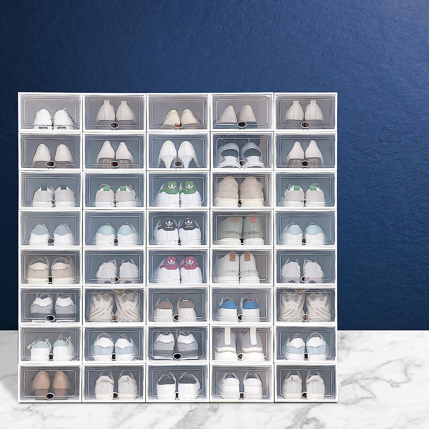 40 Pack Shoe Storage Boxes, Plastic Shoe Boxes Stackable with Clear Door and １＊Shoe Bag, Shoe Containers Fit Women and Kids, Space Saving & Healthy Material