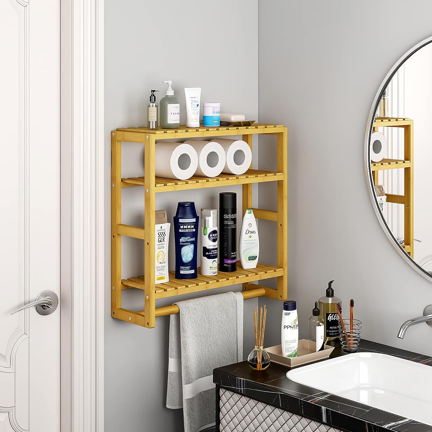 Bathroom Shelves for Storage Bamboo Adjustable 3 Tiers Plant Shelf over the Toilet Storage with Hanging Rod