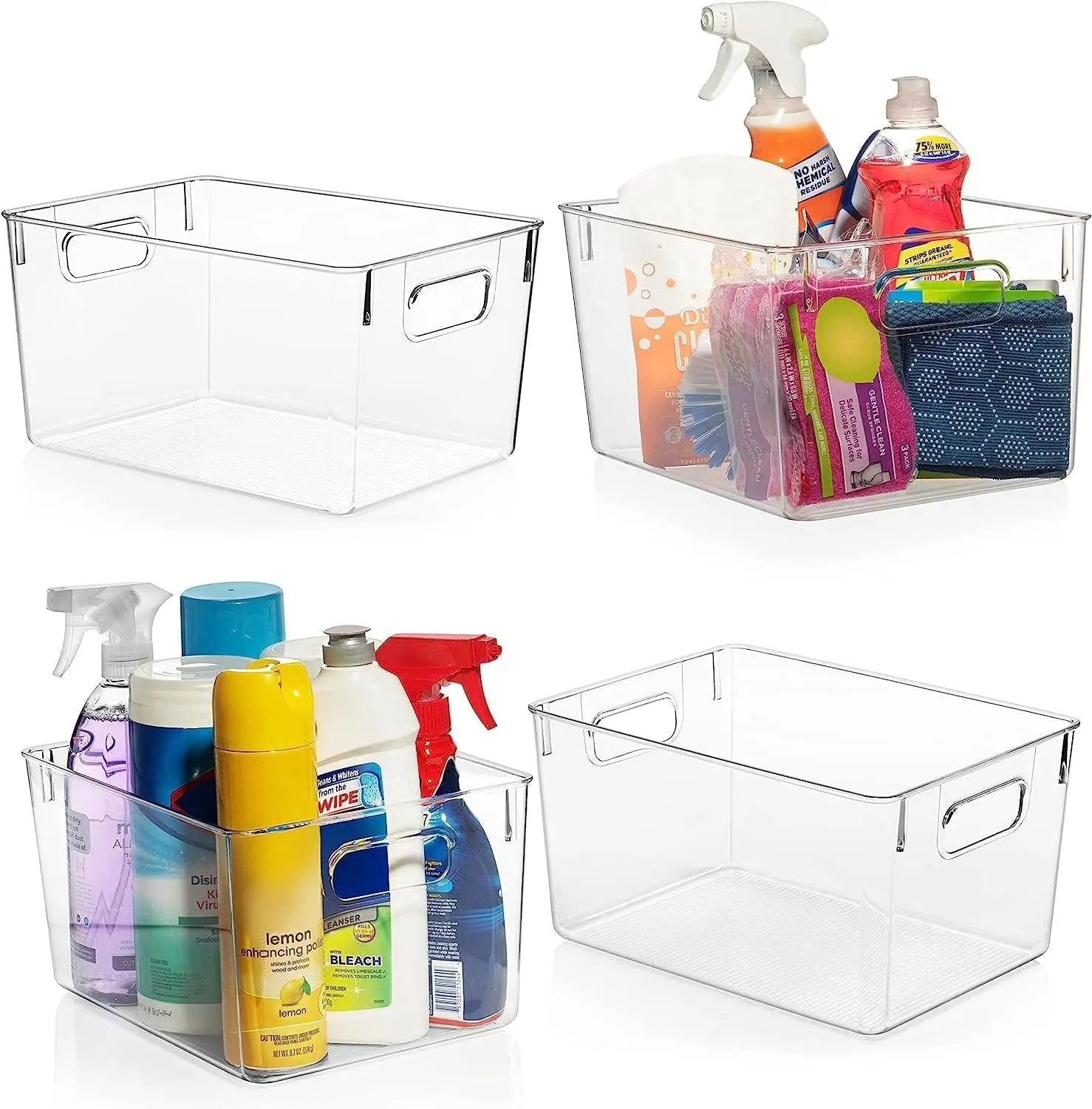 [4 Pack]  Extra Large Clear Storage Containers Pantry Organiser for Closet, Pantry, under Sink, Bathroom - Stackable Plastic Storage Bins with Handle for Cabinet, Cupboard, Kitchen & Home Organisation